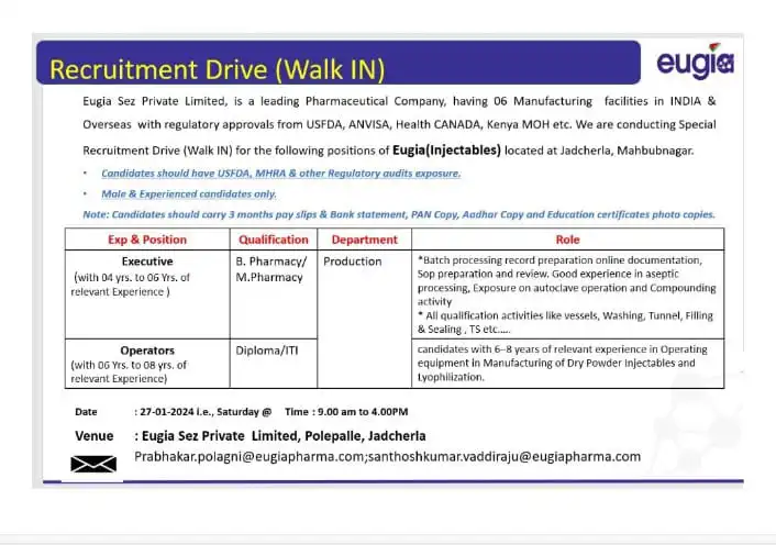 Eugia Pharma (Aurobindo) - Walk-In Drive on 27th Jan 2024 for Multiple Positions